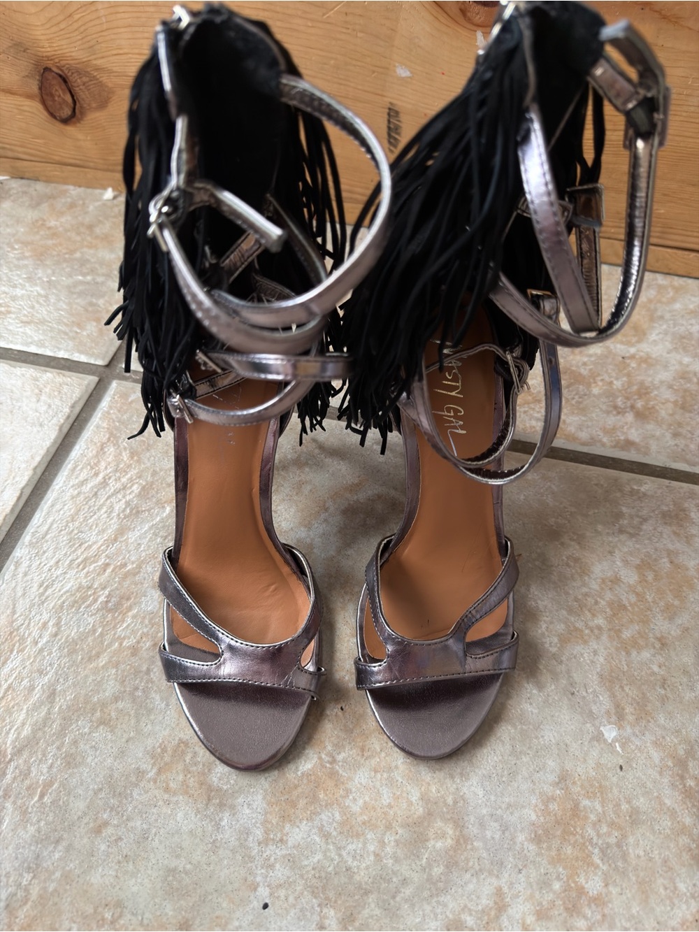 Nasty Gal Metallic Pewter Fringe Stiletto Heels Ankle Strap Sandals